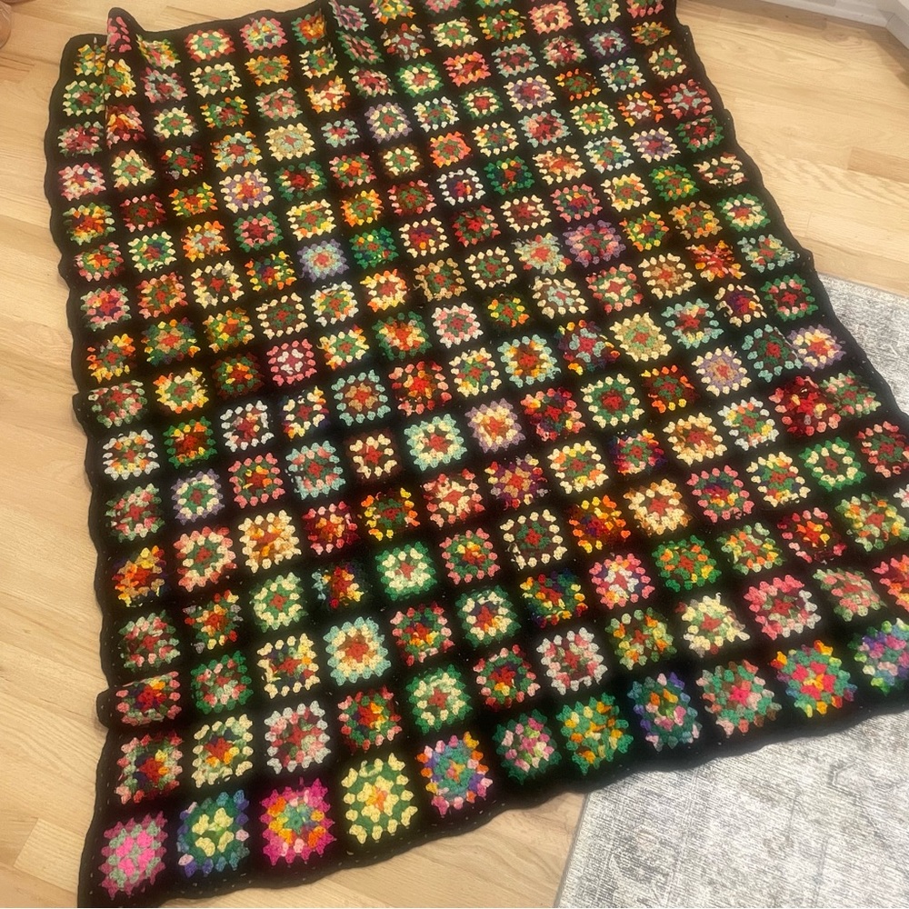 Vintage Granny Square Crocheted Afghan Handmade Throw Blanket Retro 46” x 58”